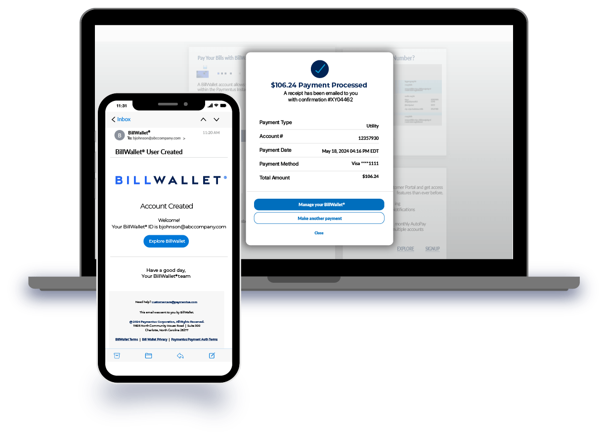 BillWallet screens on desktop and mobile