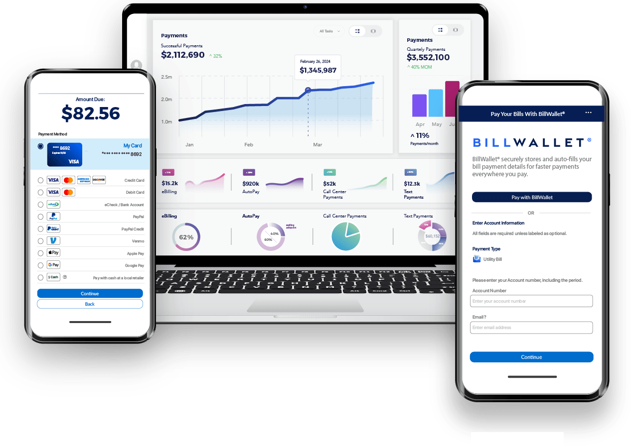 Complete Paymentus billing and payment solution with digital payment options, analytics dashboard, and BillWallet payment experience.