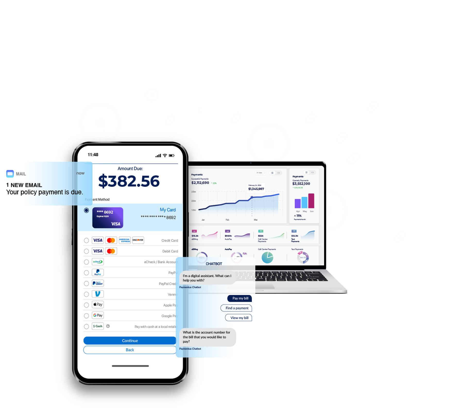 Multiple devices showing bill pay and data screens