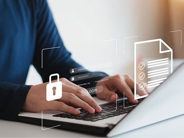 hands typing on a keyboard with security icon