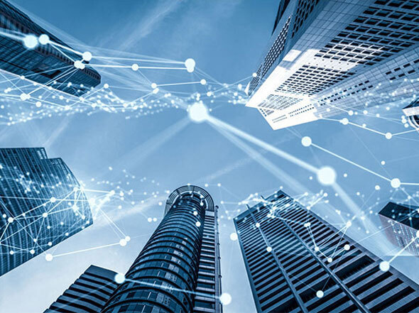 Mock Up of City Sky Scrapers with Nodes Overlay