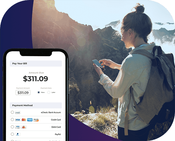 Woman Hiking While Paying Bills on Cell Phone Using Paymentus